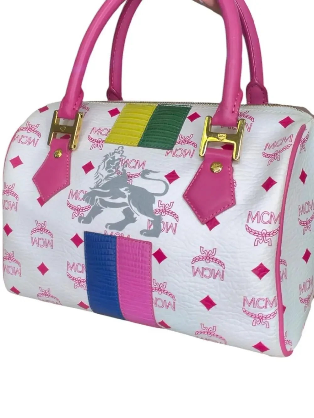 MCM White and Pink Visetos Leather Lion Boston Bag Satchel Top Handle Handbag